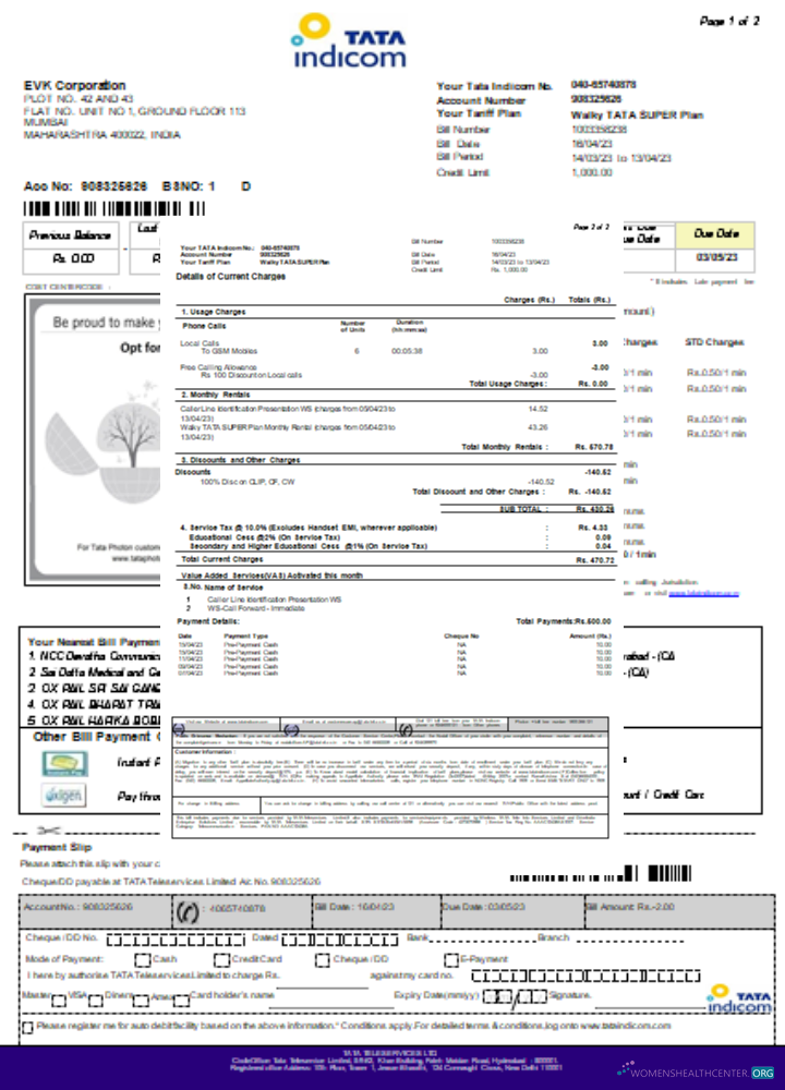 Download Tata Indicom mobile utility business bill, page 2, SCR Photoshop template